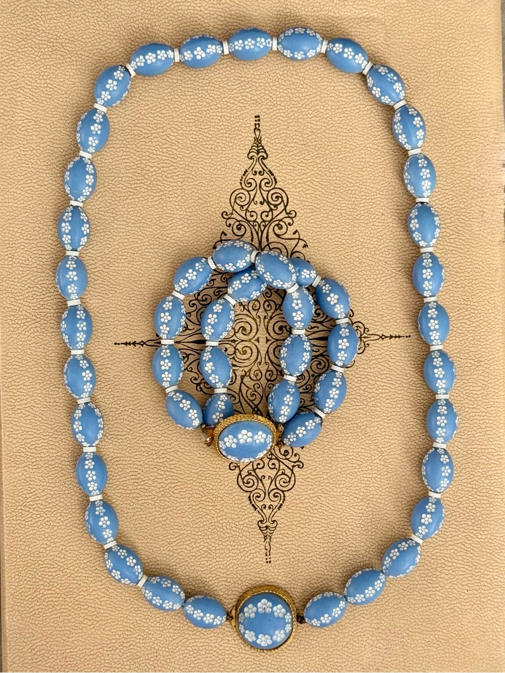 Vintage Blue Floral Hand Painted Beaded Necklace and Bracelet Set